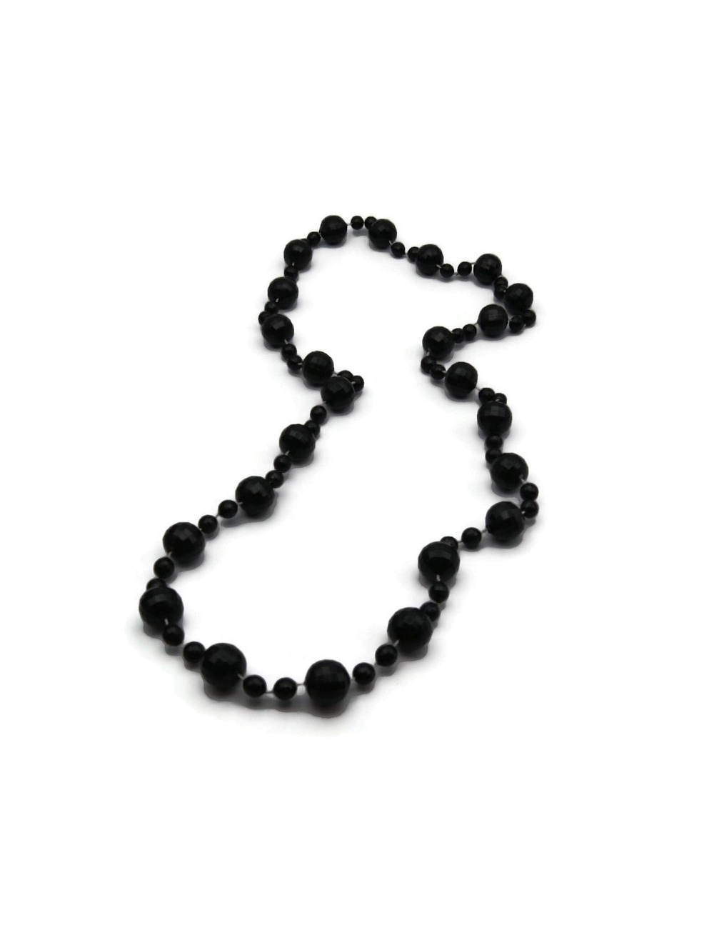Vintage Black Plastic Beaded 43 Inch Necklace.